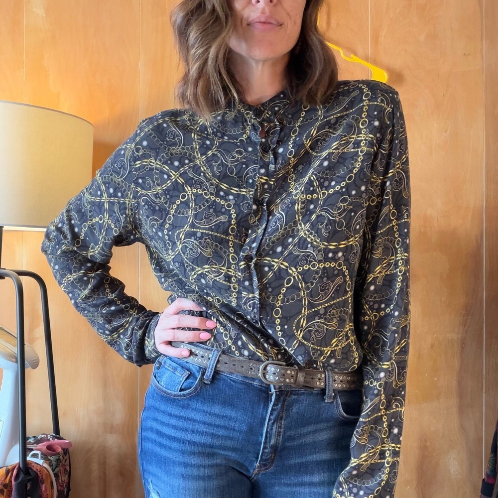 LIVE 978 Made in‎ Italy Chain Print Viscose Band Collar Shirt Black Gold XXL